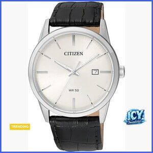 Stainless Steel Watch with Leather Strap, Quartz Movement, Water Resistant